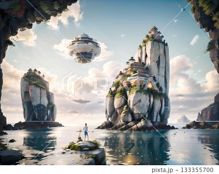 水面に囲まれた、空中に浮遊する島々がメインの背景2 133355700