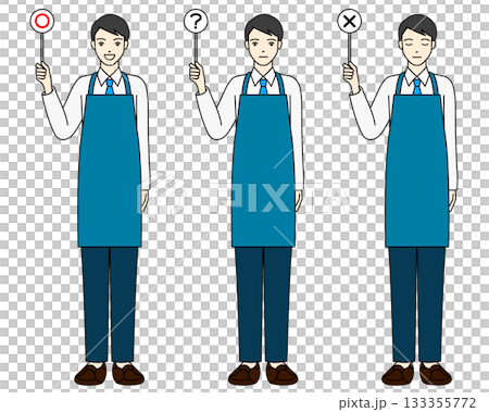 一位身穿圍裙的男店員舉起「是」或「否」的牌子回答顧客的問題。 一位身穿圍裙的男店員舉起「是」或「否」的牌子回答顧客的問題。 133355772