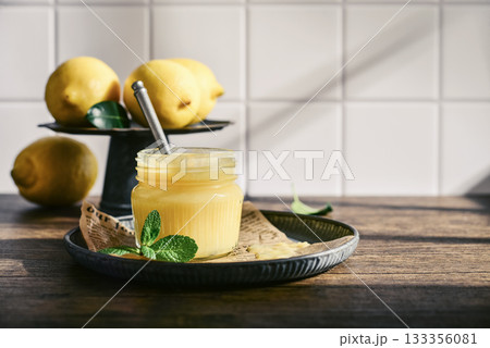 Homemade lemon curd in a glass jar 133356081
