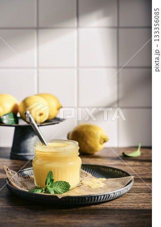 Homemade lemon curd in a glass jar 133356085