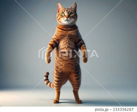 マッスルキャット　二本足で立つ茶トラ猫 133356287