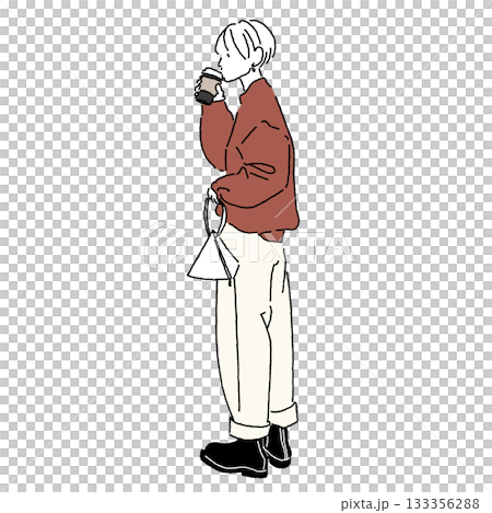 穿著寬鬆休閒秋季服裝的女性插圖（彩色） 133356288