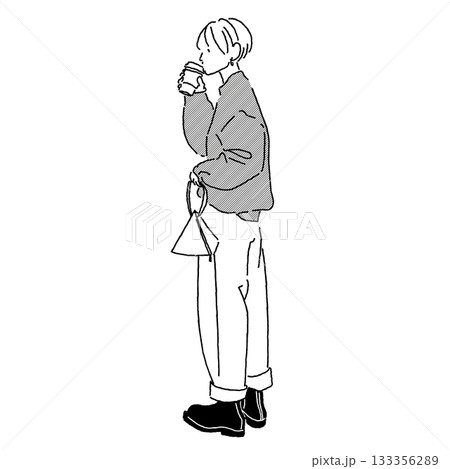 モノクロ線画の女性ファッションイラスト(秋カジュアル) モノクロ線画の女性ファッションイラスト(秋カジュアル) 133356289