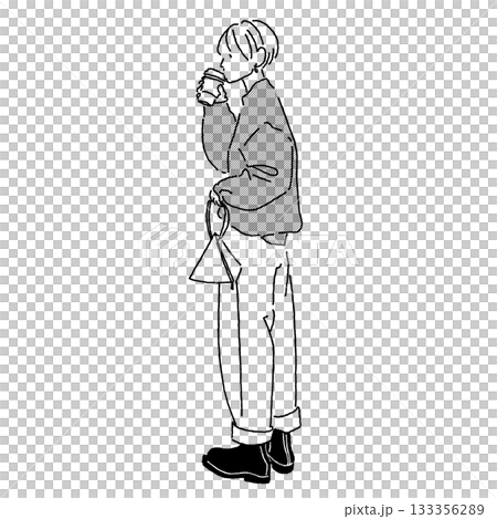 モノクロ線画の女性ファッションイラスト(秋カジュアル) モノクロ線画の女性ファッションイラスト(秋カジュアル) 133356289