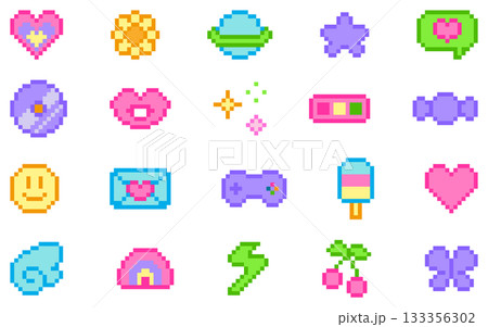 8-bit pixel art cute y2k icon set 133356302