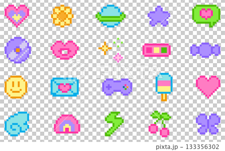 8-bit pixel art cute y2k icon set 133356302