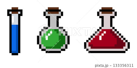 8-bit pixel art test tubes with liquid inside icon, simple style 133356311