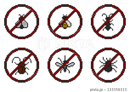 8-bit pixel art set of bug prohibition signs 133356313