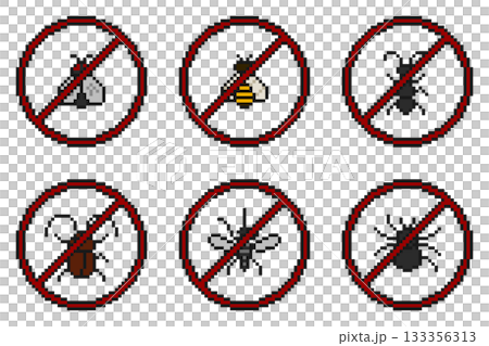 8-bit pixel art set of bug prohibition signs 133356313