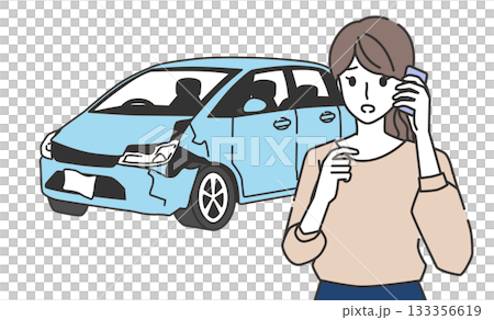 Illustration of a woman calling for advice about a car breakdown or accident 133356619