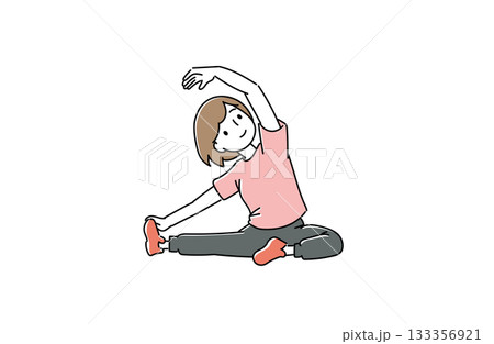 座って体側を伸ばすストレッチをする女性のイラスト 133356921
