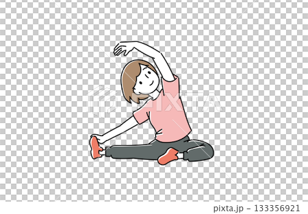 座って体側を伸ばすストレッチをする女性のイラスト 133356921