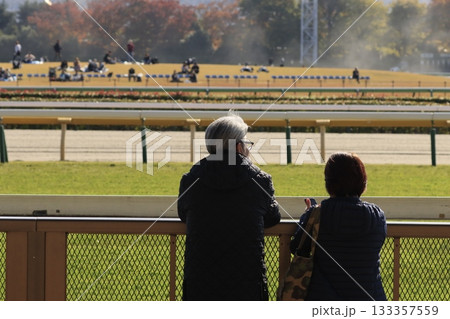 競馬場でレースを観戦する夫婦の後ろ姿 133357559