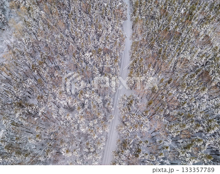 Aerial view of the road in the winter forest with high pine or spruce trees covered by snow. Driving in winter. Aerial view of the road in the winter forest with high pine or spruce trees covered by snow. Driving in winter. 133357789