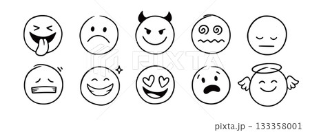 Face emoji icon set. Hand drawn doodle sketch style happy, angry, sad mood face emoticon background. Funny cartoon characters smile, wink, kiss emoji. Cute line emotion element. Vector 133358001