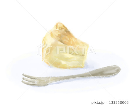 皿に乗ったベイクドチーズケーキとフォークの優しい雰囲気イラスト 133358003