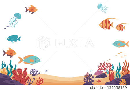 絵本風の珊瑚礁と海の生き物のフレームイラスト 133358129