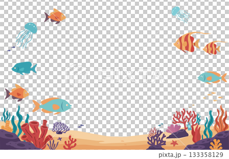 絵本風の珊瑚礁と海の生き物のフレームイラスト 133358129