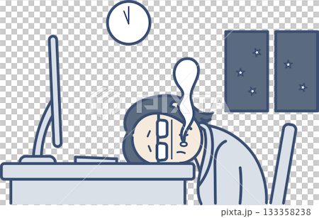 插圖描繪了一位40多歲的女性,她因加班而疲憊不堪。 插圖描繪了一位40多歲的女性,她因加班而疲憊不堪。 133358238