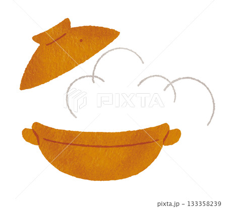 蓋の開いた茶色い土鍋のイラスト（湯気・鍋料理・和食） 133358239