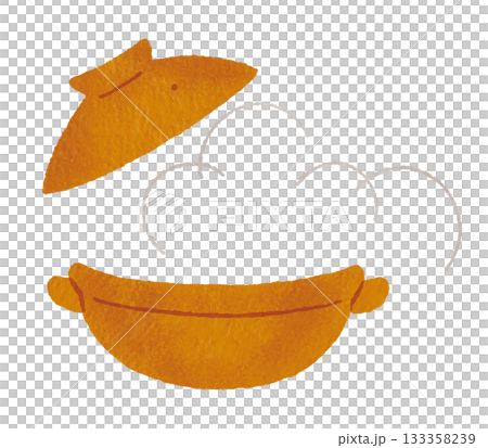 Illustration of a brown earthenware pot with an open lid (steam, hot pot cooking, Japanese food) 133358239