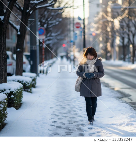 冬の雪道を歩く若い日本人女性 133358247