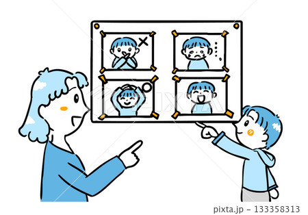 感情カードを使って気持ちを学ぶ子どもと支援員 133358313