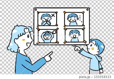 感情カードを使って気持ちを学ぶ子どもと支援員 133358313