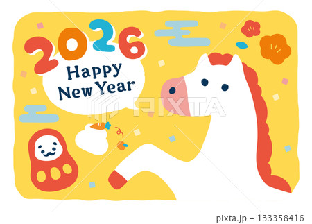 ポップなタッチの白馬と達磨の2026年（午）和風年賀状 133358416