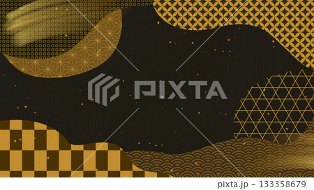 ふにゃふにゃ形の切り抜きで伝統文様を集めた黒背景の壁紙（金色系） 133358679