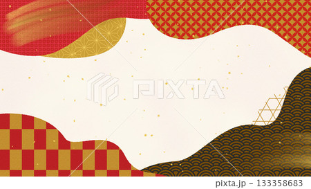 ふにゃふにゃ形の切り抜きで伝統文様を集めた白背景の壁紙（赤系模様） 133358683