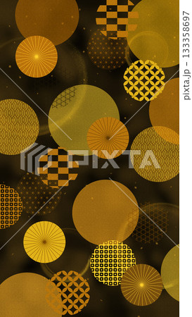 縦長黒背景に円形モチーフと和傘を組み合わせた美しい和柄壁紙 縦長黒背景に円形モチーフと和傘を組み合わせた美しい和柄壁紙 133358697