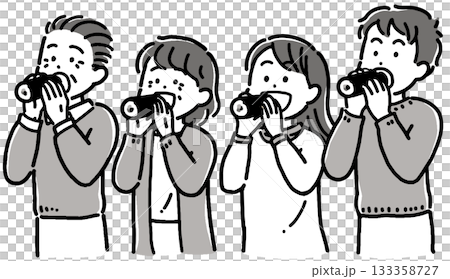 Monochrome illustration of four men and women eating Ehomaki (thick roll) sushi for Setsubun Monochrome illustration of four men and women eating Ehomaki (thick roll) sushi for Setsubun 133358727