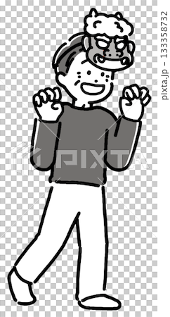 鬼のお面をつけたシニア男性（おじいちゃん）のモノクロイラスト 133358732