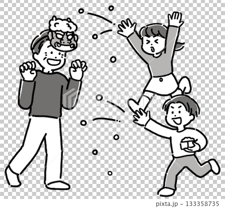 單色插圖，描繪了爺爺、男孩和女孩在節分節拋撒豆子的一家人。 133358735