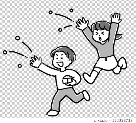 黑白插圖，描繪了一男一女在節分節上撒豆子的場景。 133358738