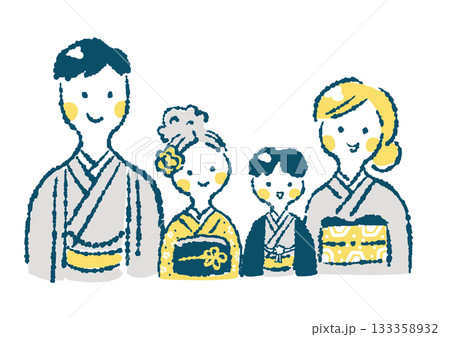 着物を着た4人家族の上半身イラスト（お正月・七五三など） 133358932