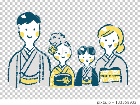 一家四口身著和服的插圖（新年、七五三節等） 133358932