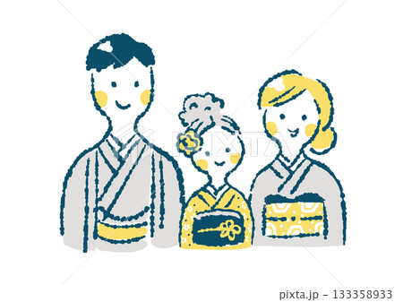 着物を着た3人家族の上半身イラスト（お正月・七五三など） 133358933