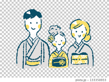 着物を着た3人家族の上半身イラスト（お正月・七五三など） 133358933