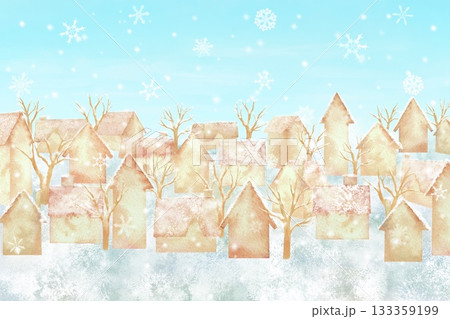雪の結晶が舞う静かな冬の街並みの水彩イラスト。クリスマス背景。 133359199