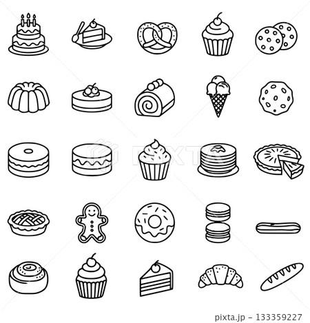 This is a black and white line art collection featuring 25 different icons of common desserts and baked goods. The set includes various cakes, cookies, pastries, bread, and ice cream, making it a vers 133359227