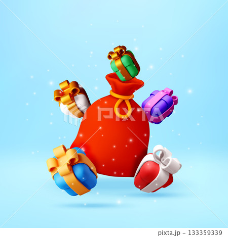 3d Red santa sack with colorful gift box 133359339