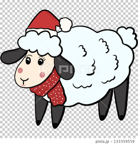 A cute fluffy lamb wearing a Santa hat and a cozy red scarf with snowflake dots. A cute fluffy lamb wearing a Santa hat and a cozy red scarf with snowflake dots. 133359559