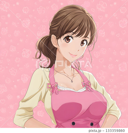 笑顔の女性キャラクター。エプロン姿のアニメ風ポートレート 133359860