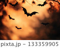 A large flock of bats is flying gracefully through a cloudy sky. AI-generated content. 133359905