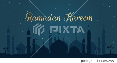 Ramadan Kareem - Islamic vector background with night sky and mosque silhouette for holiday greeting cards, social media banners, web headers, print templates 133360299