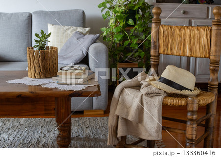 A Rustic living room in a country style. Comfortable and relaxing home decor for interior designs. Copy space 133360416