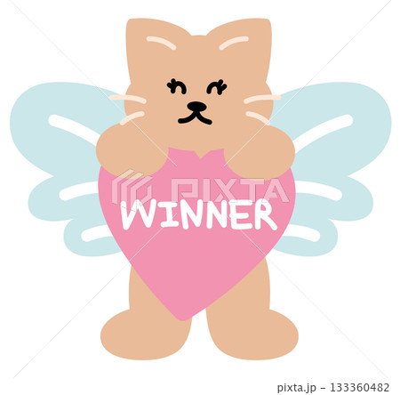 Cute illustration of cat with angel wings, and WINNER heart sign for pet shop, vet, running club, sport, winning competition, animal decoration, cartoon, character, comic, mascot, souvenir shop 133360482