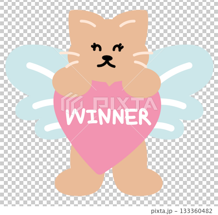 Cute illustration of cat with angel wings, and WINNER heart sign for pet shop, vet, running club, sport, winning competition, animal decoration, cartoon, character, comic, mascot, souvenir shop 133360482
